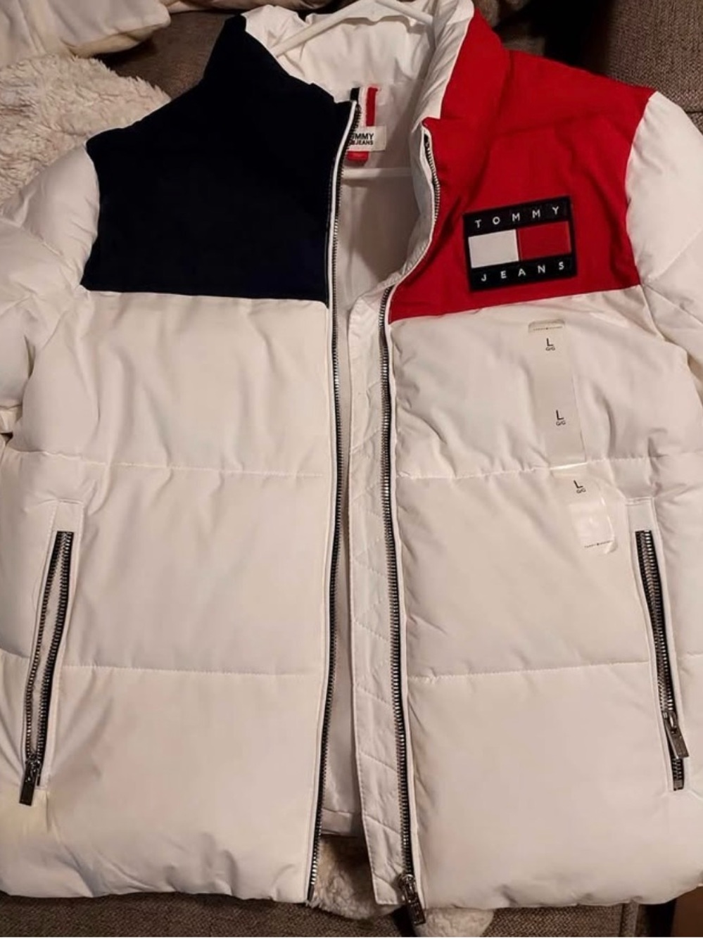 Tommy Hilfiger White, Navy & Red Colorblock Puffer Jacket
